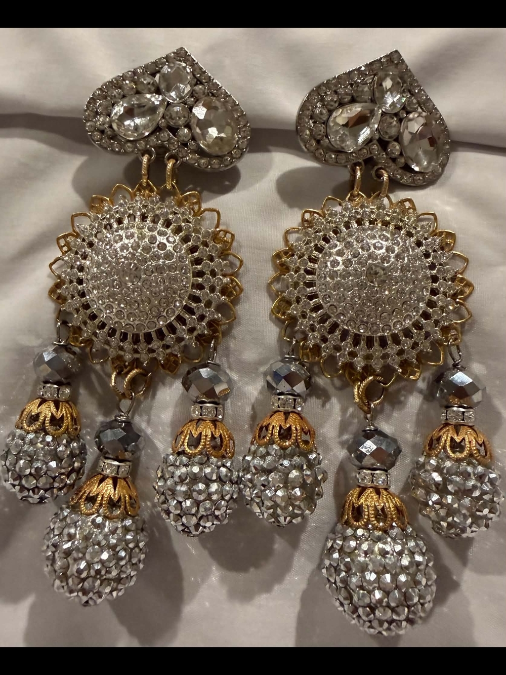 Larry Vrba Gold-Tone Filigree Drop Earrings with Silver Crystal Accents